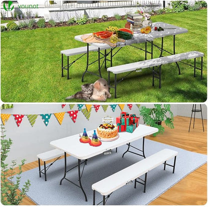 Sammenleggbart bord og 2 hvite benker, sett 180 x 75 x 72 cm