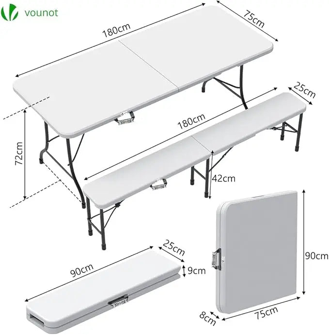 Sammenleggbart bord og 2 hvite benker, sett 180 x 75 x 72 cm