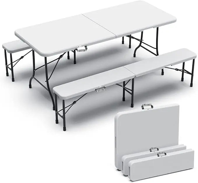 Sammenleggbart bord og 2 hvite benker, sett 180 x 75 x 72 cm