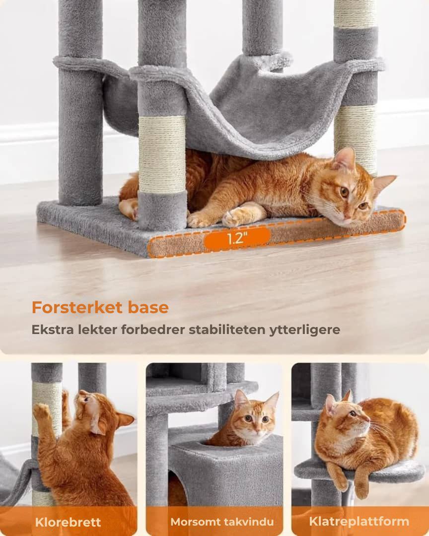 Feandrea kattetre 154 cm - Plysj klatretårn med 5 klorestolper, 2 plattformer