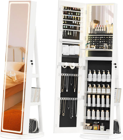 Floor-standing jewellery cabinet with LED mirror, 360° rotating organiser 😍